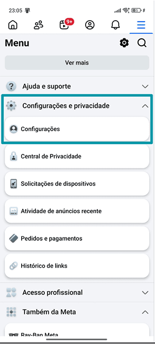Facebook Android app Menu with Settings & privacy and Settings highlighted.