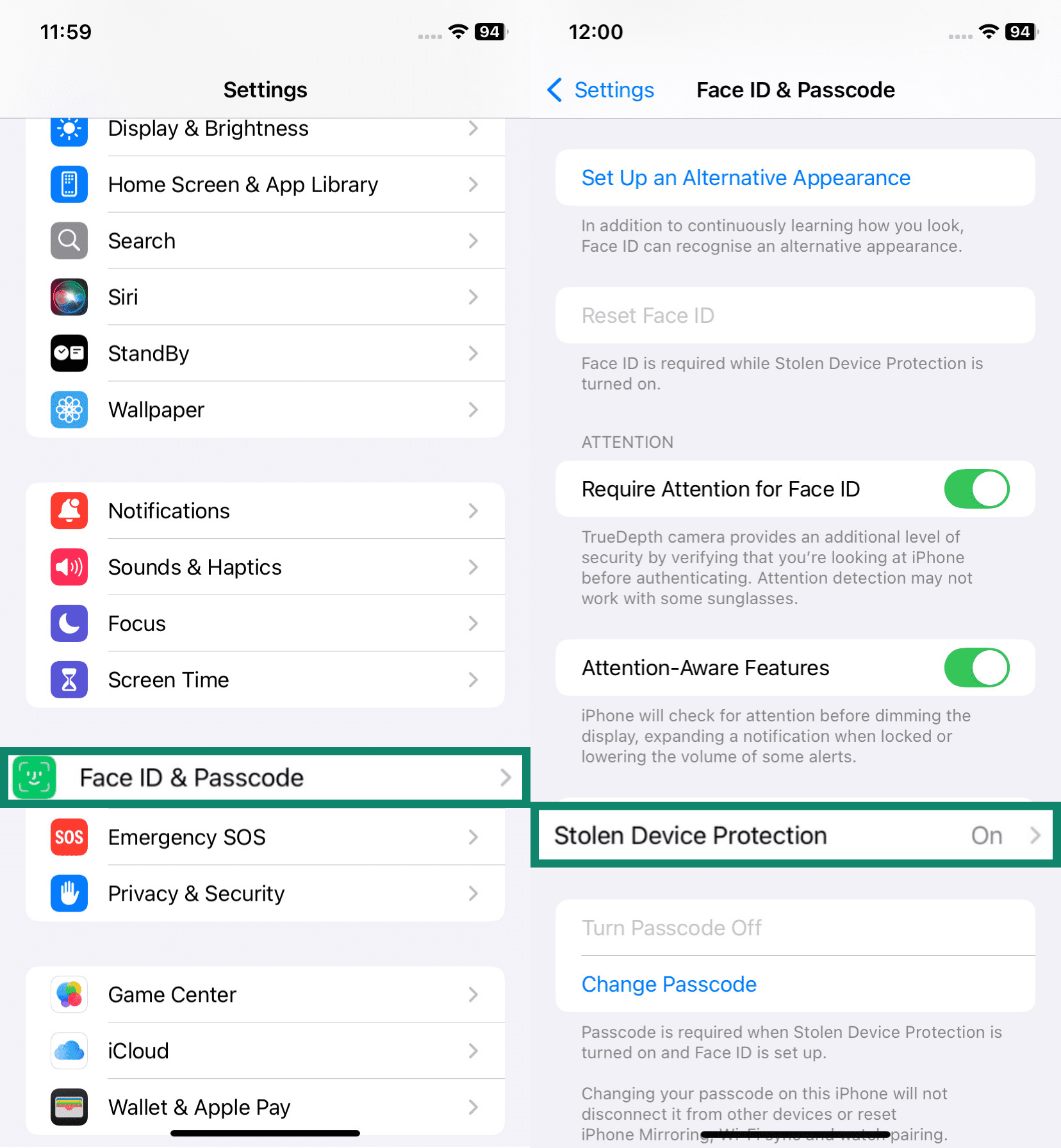 Two side-by-side screenshots of iPhone Settings. The left screenshot highlights “Face ID & Passcode” in the Settings menu. The right screenshot shows the Stolen Device Protection option highlighted within the Face ID & Passcode settings.