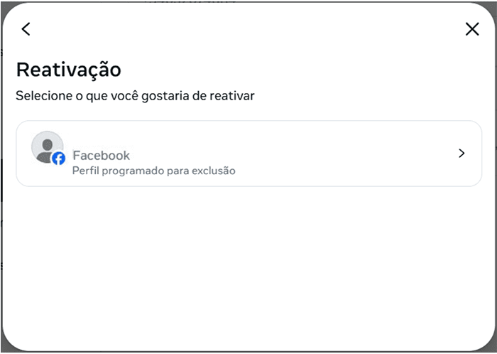 Facebook screen for selecting an additional profile to reactivate.