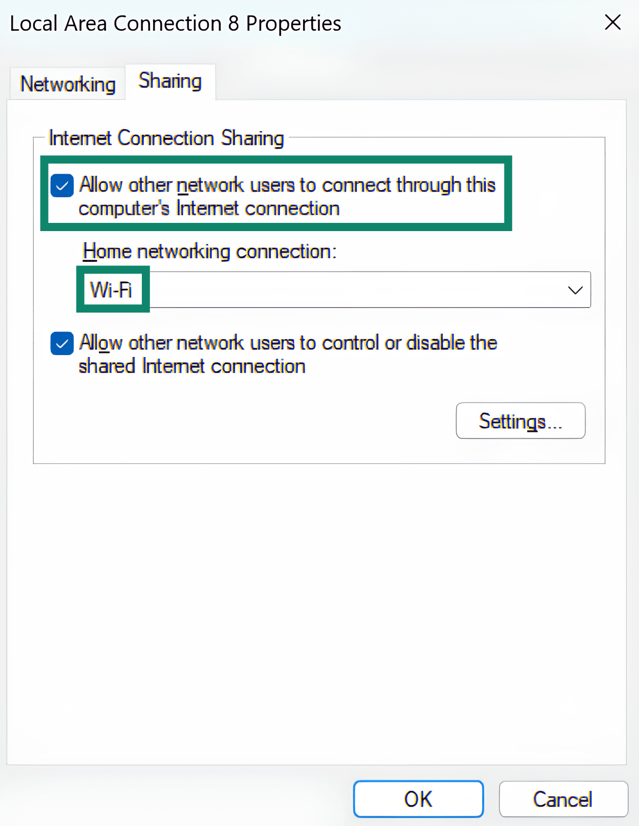 Adjusting ExpressVPN TAP Adapter sharing settings.