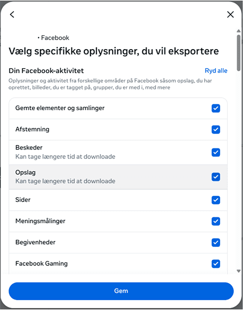 Facebook choosing what activity information to export.