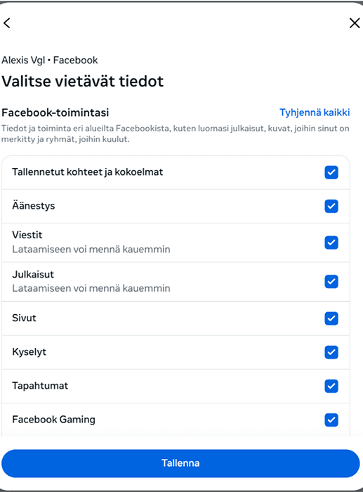 Facebook choosing what activity information to export.