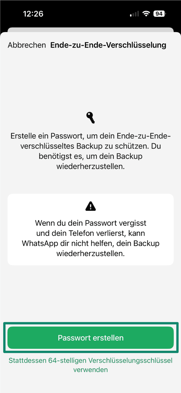 Prompt to create a password for encrypted backup with warning about forgotten password