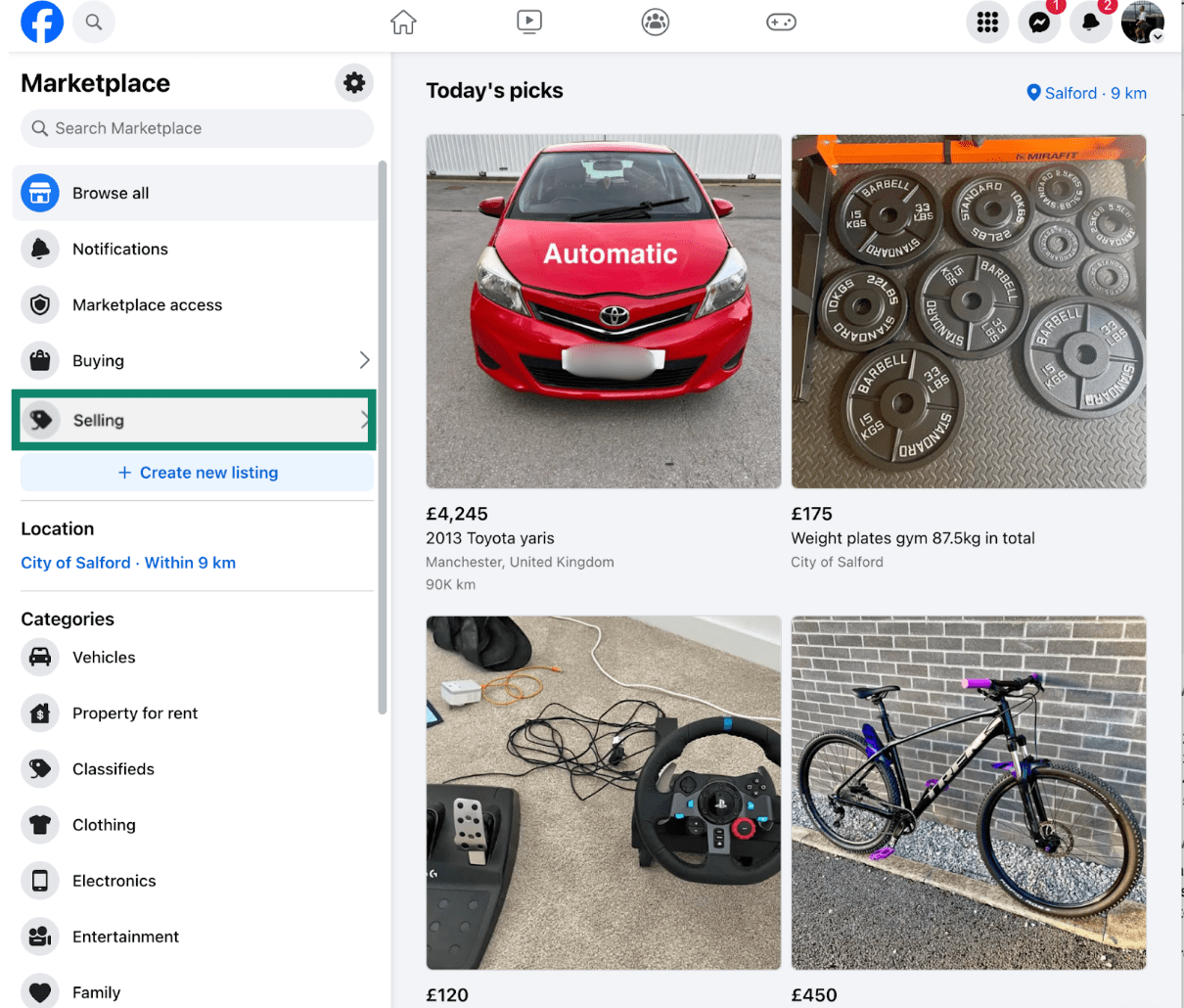 The Facebook Marketplace Selling option.
