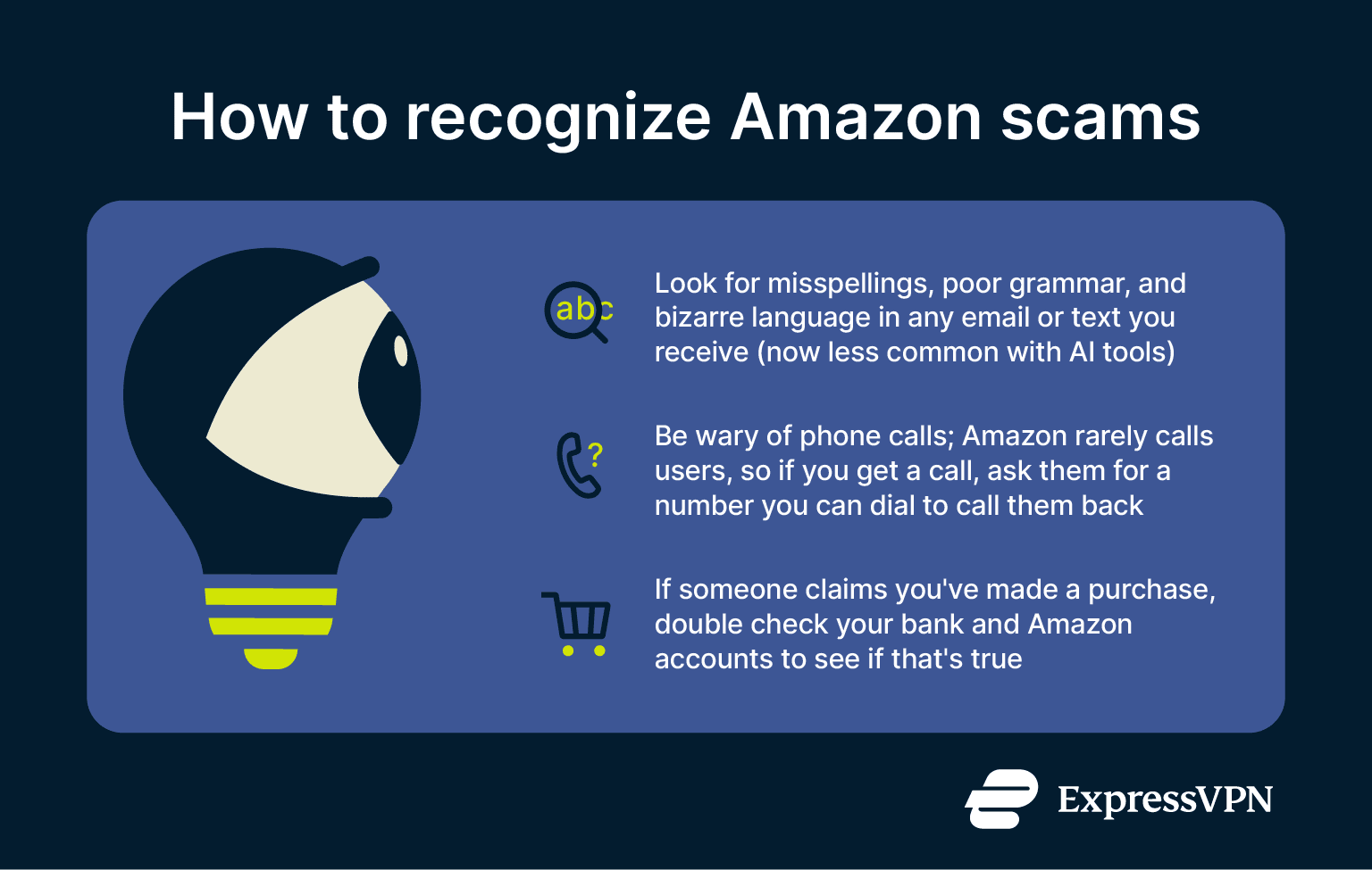 A list of signs to look out for in suspected Amazon scams.