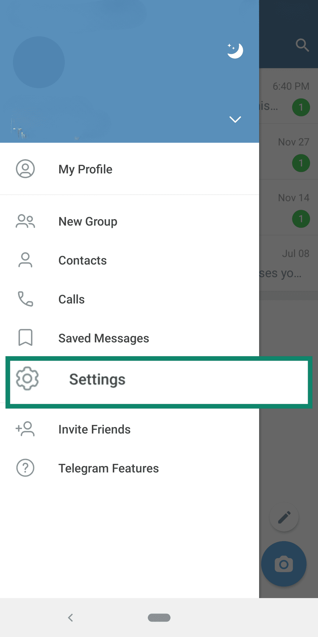 Image showing how to access Telegram settings on Android and iOS.