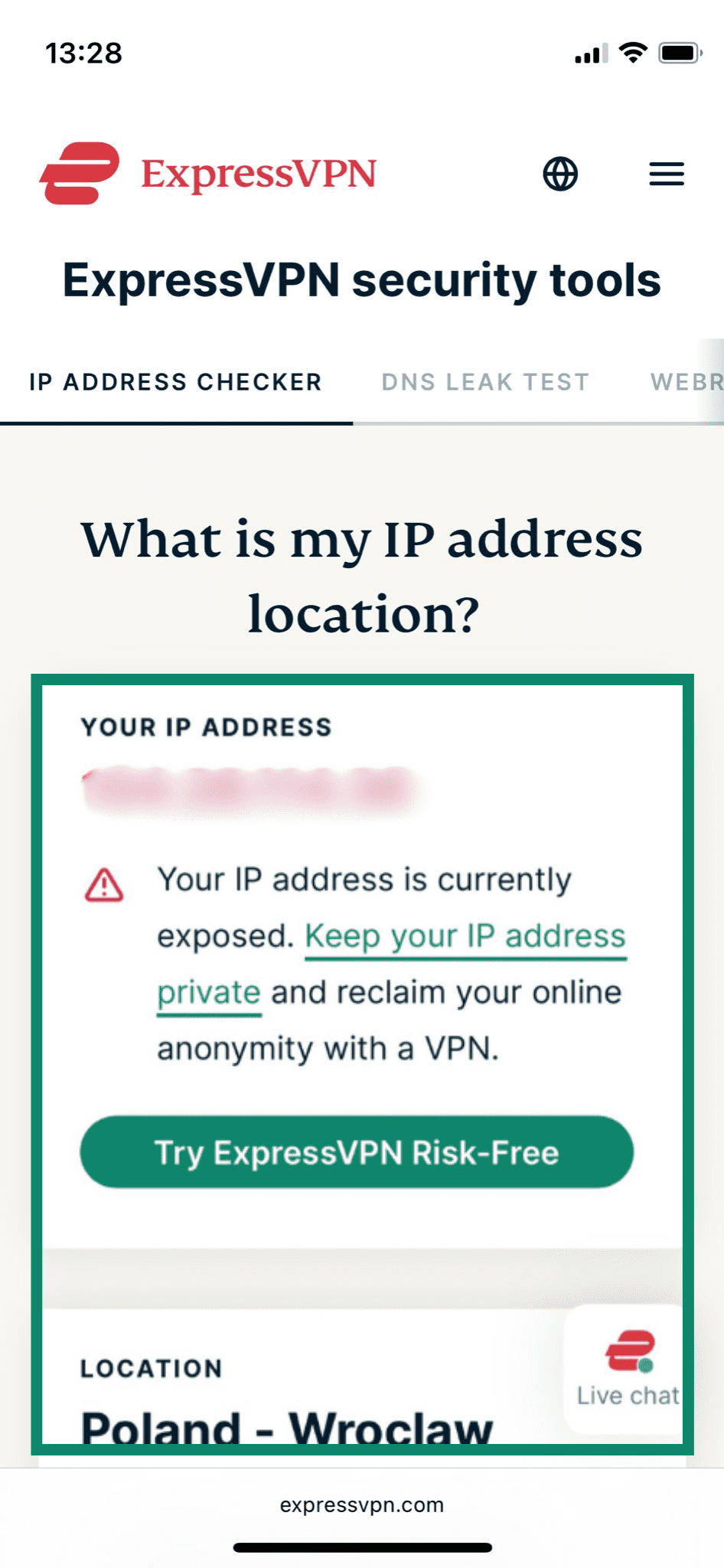 The ExpressVPN IP checker opened on the iPhone Safari browser, which shows a public IP address and location.