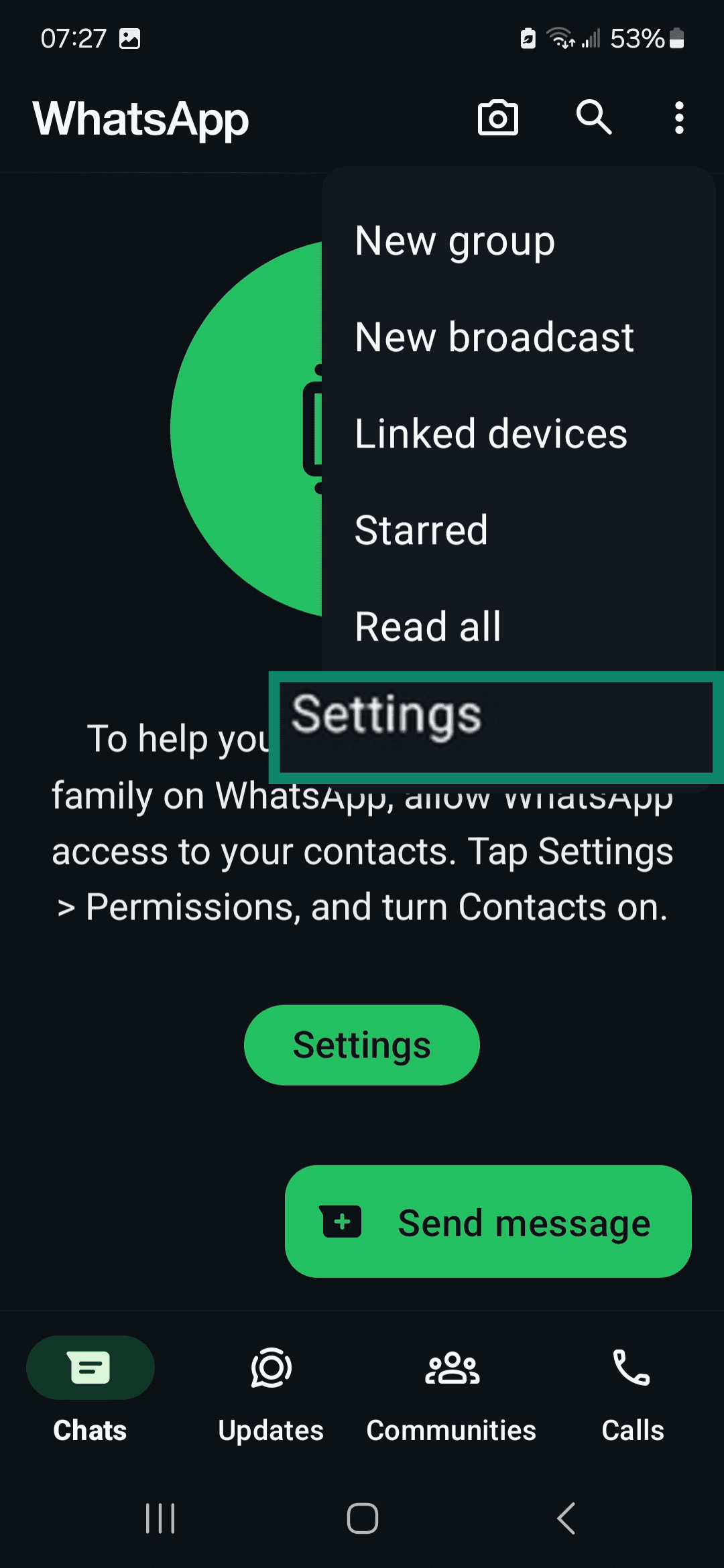 WhatsApp home screen highlighting Settings in the kebab menu.