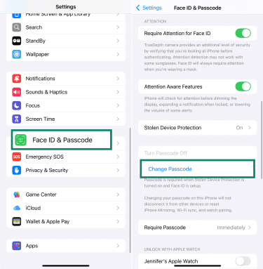 iPhone security settings with Face ID & Passcode menu and Change Passcode option.