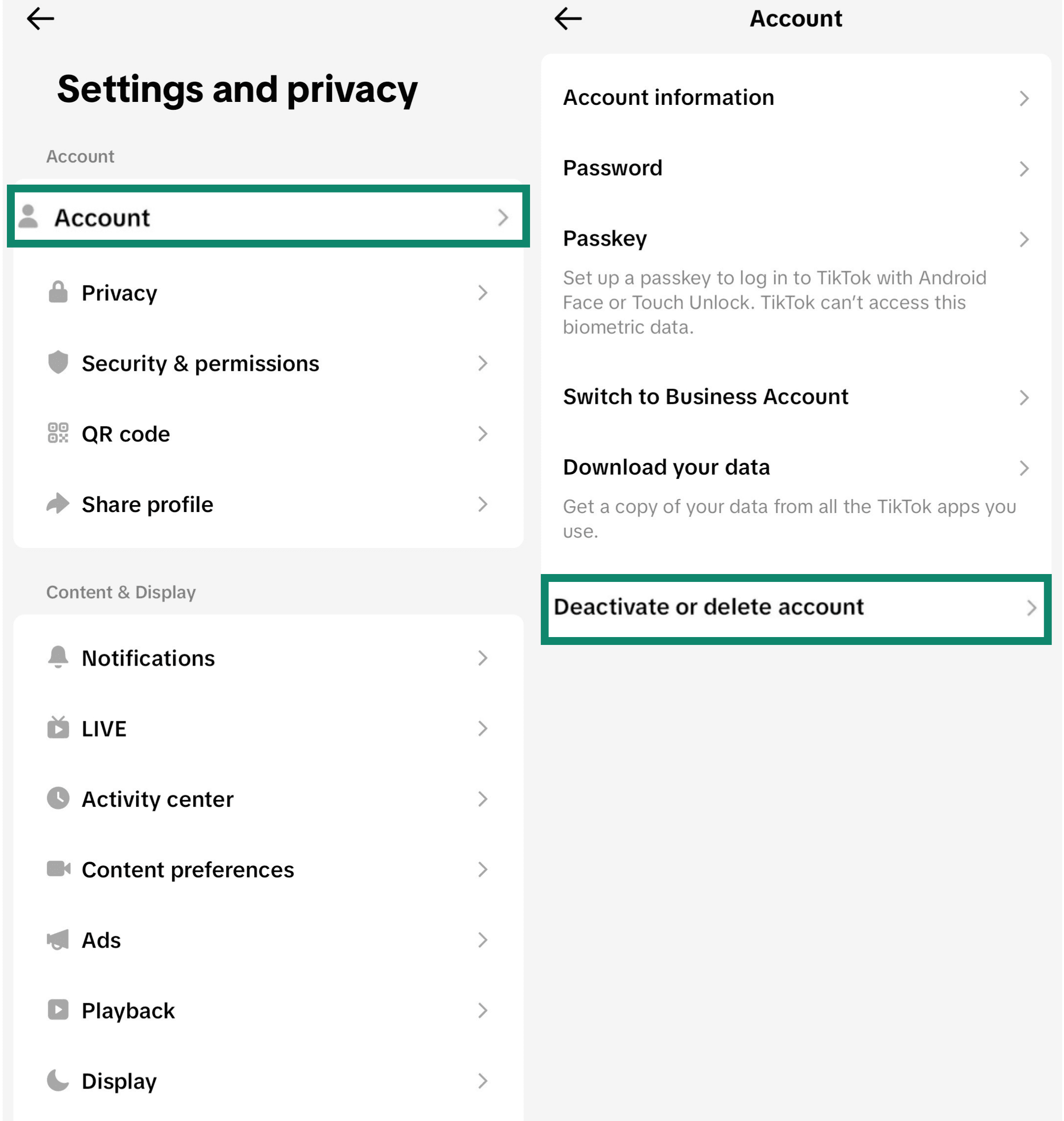 Screenshot showing how to access the Account menu in TikTok's settings (left) and deactivate or delete your account in the Account menu (right)