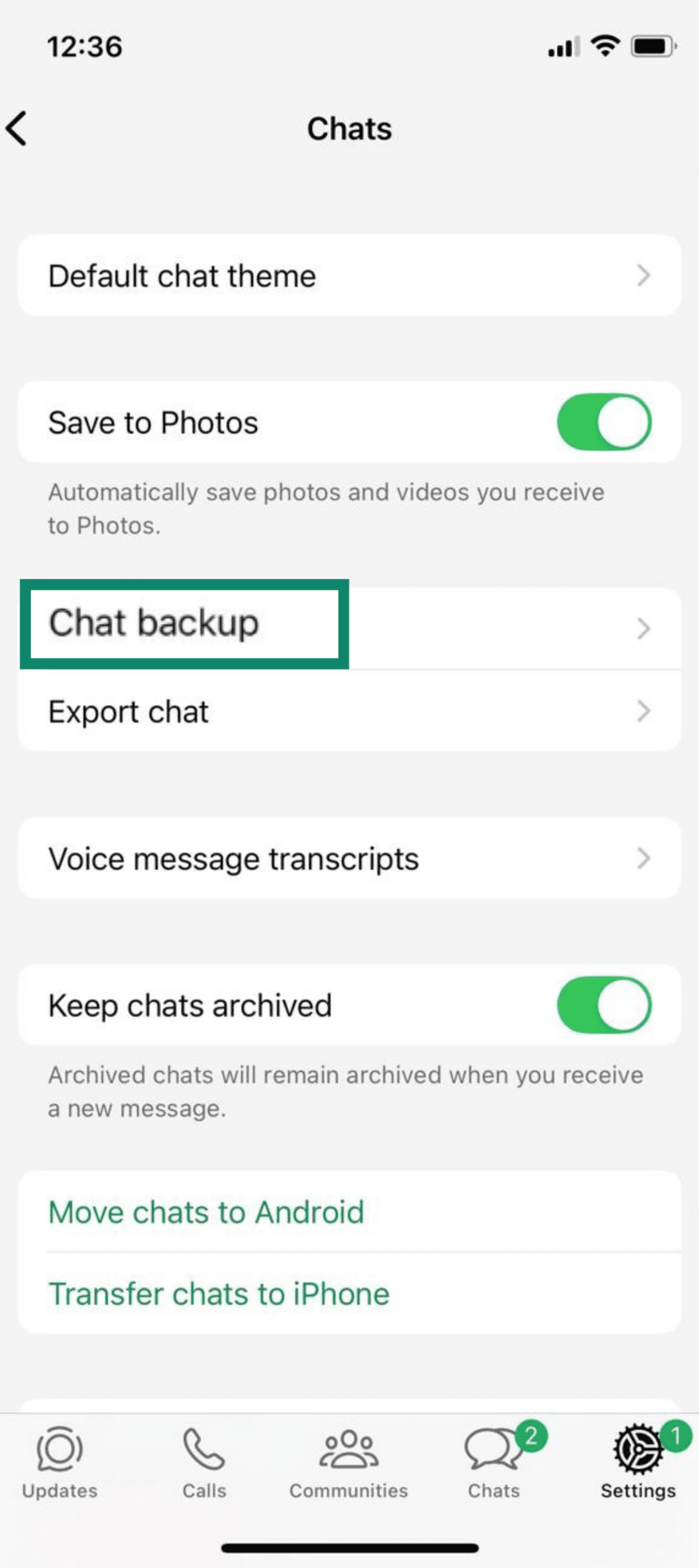 Chats settings screen on iPhone with Chat backup option highlighted