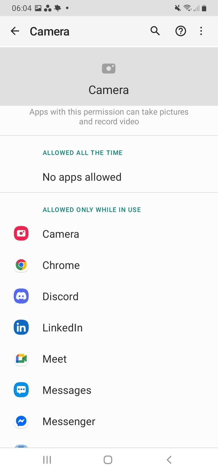 Image showing Android camera permissions.