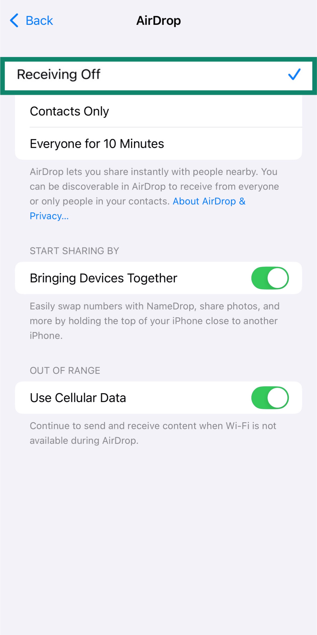 iOS screen showing Receiving off option.