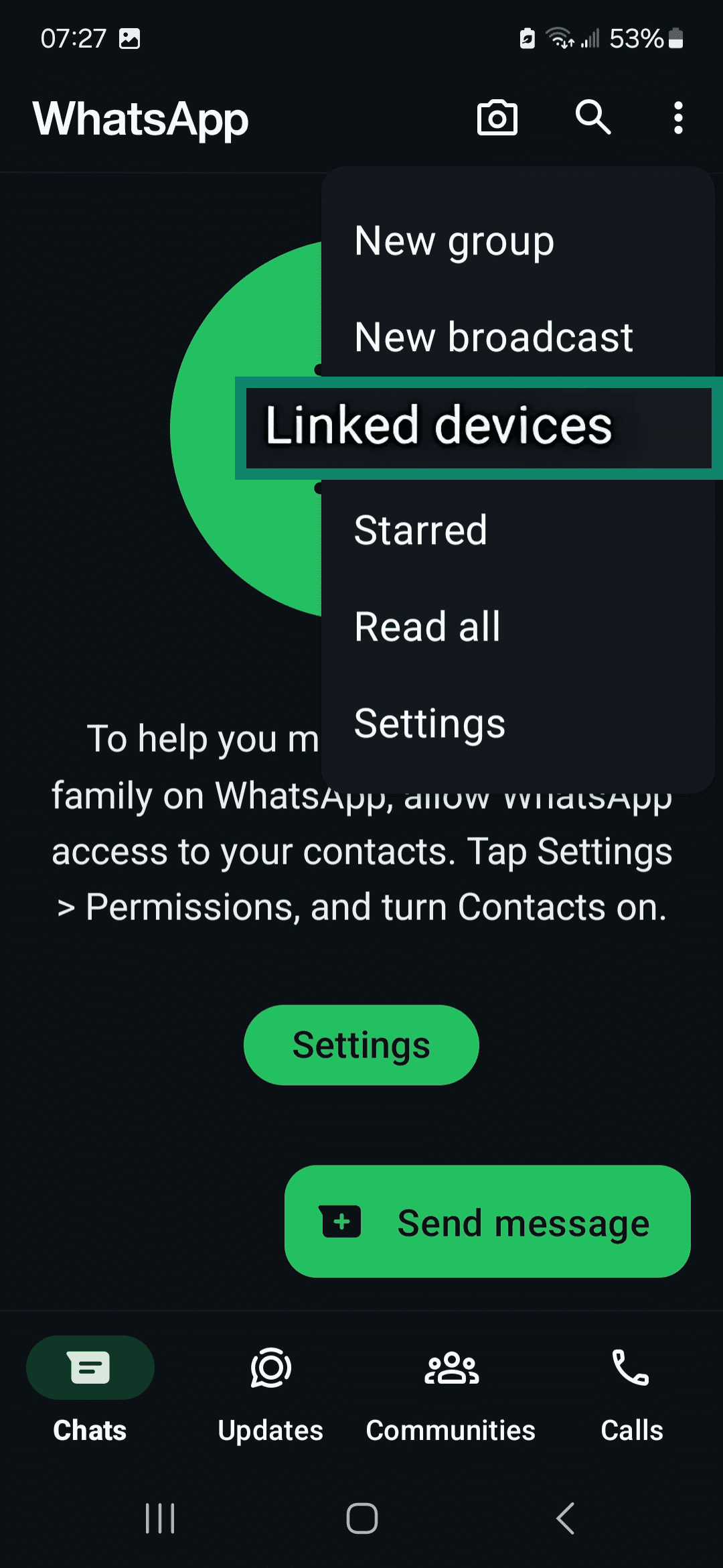 WhatsApp kebab menu highlighting Linked devices.