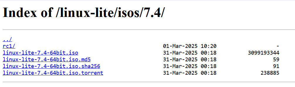 Linux Lite index tab with ISOs to download.