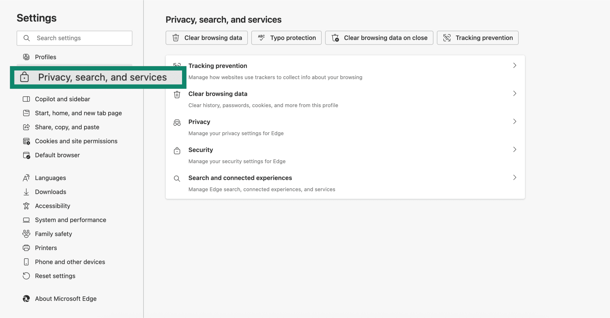 Microsoft Edge settings Privacy search and services highlighted