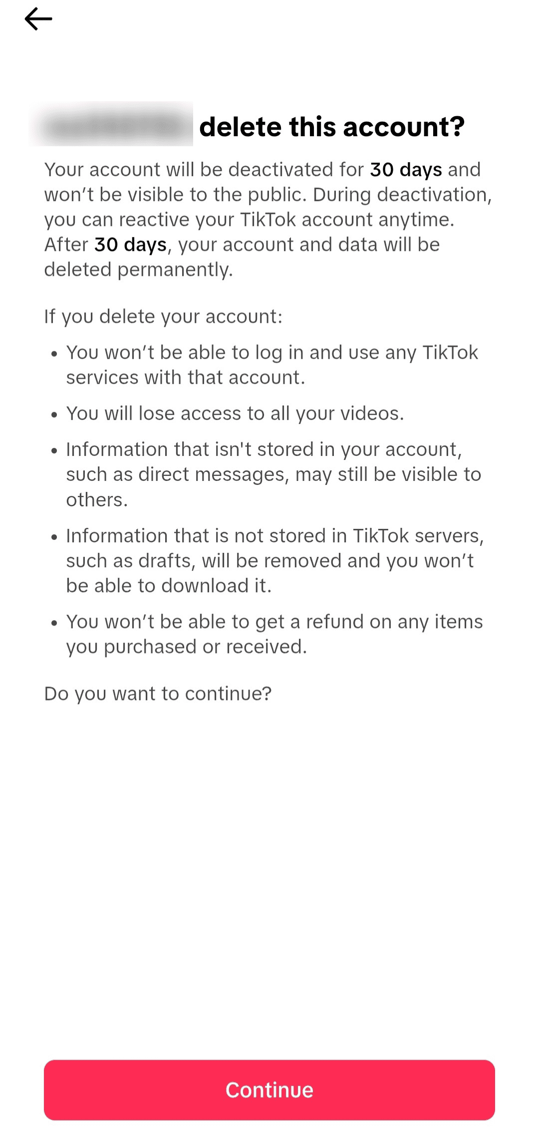 Screenshot showing how to continue with TikTok account deletion on mobile