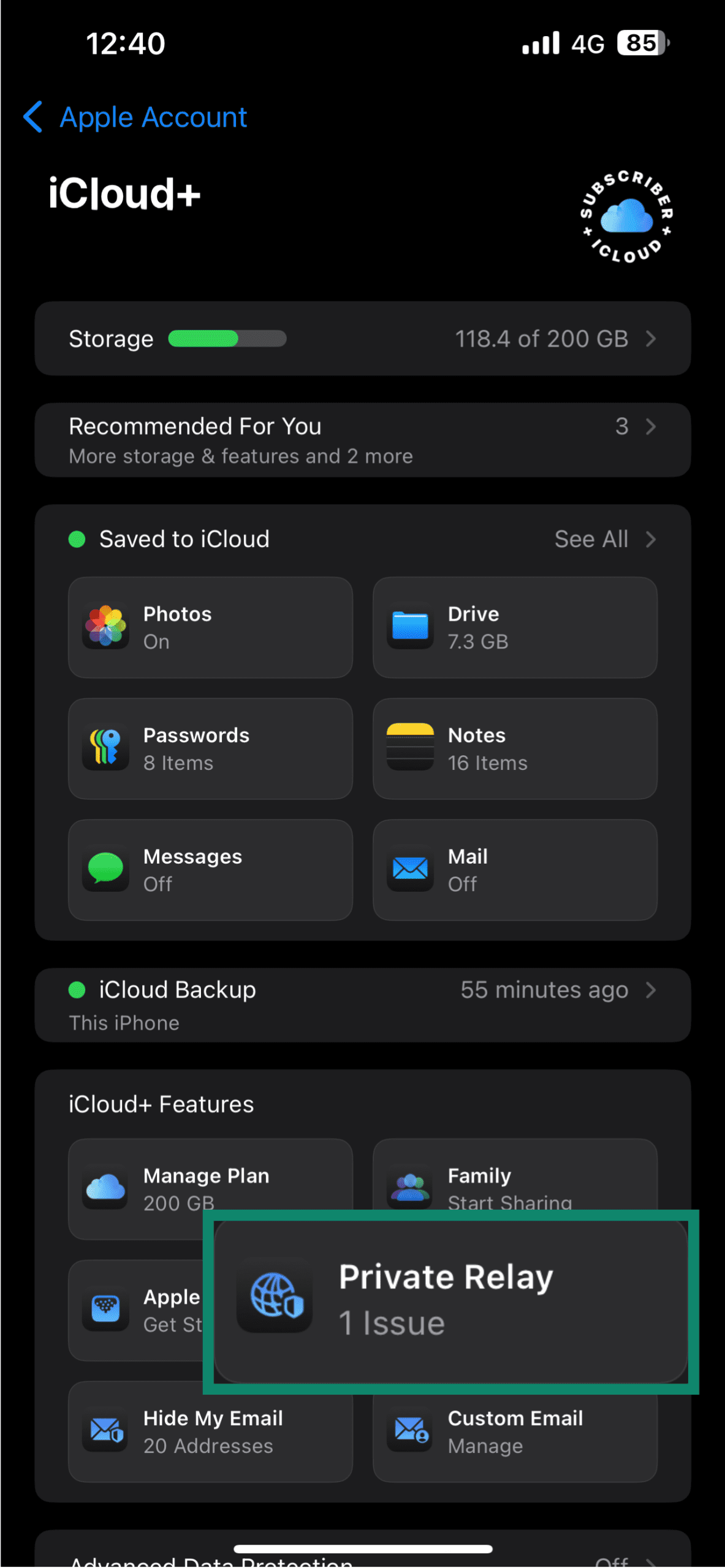 iCloud settings menu, showing the Private Relay option.