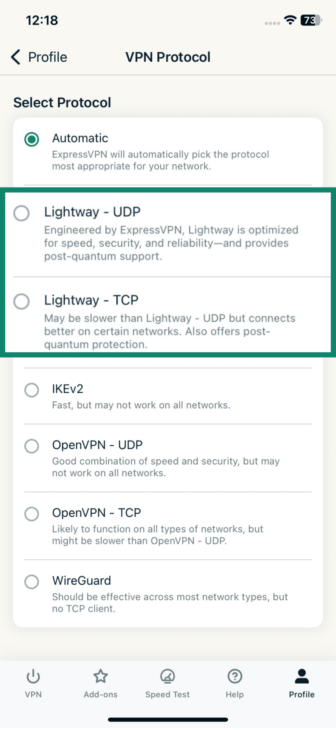 ExpressVPN app screen with Lightway UDP and Lightway TCP highlighted