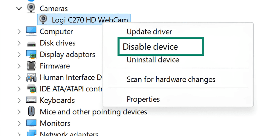 Image showing how to disable camera in Windows Device Manager.