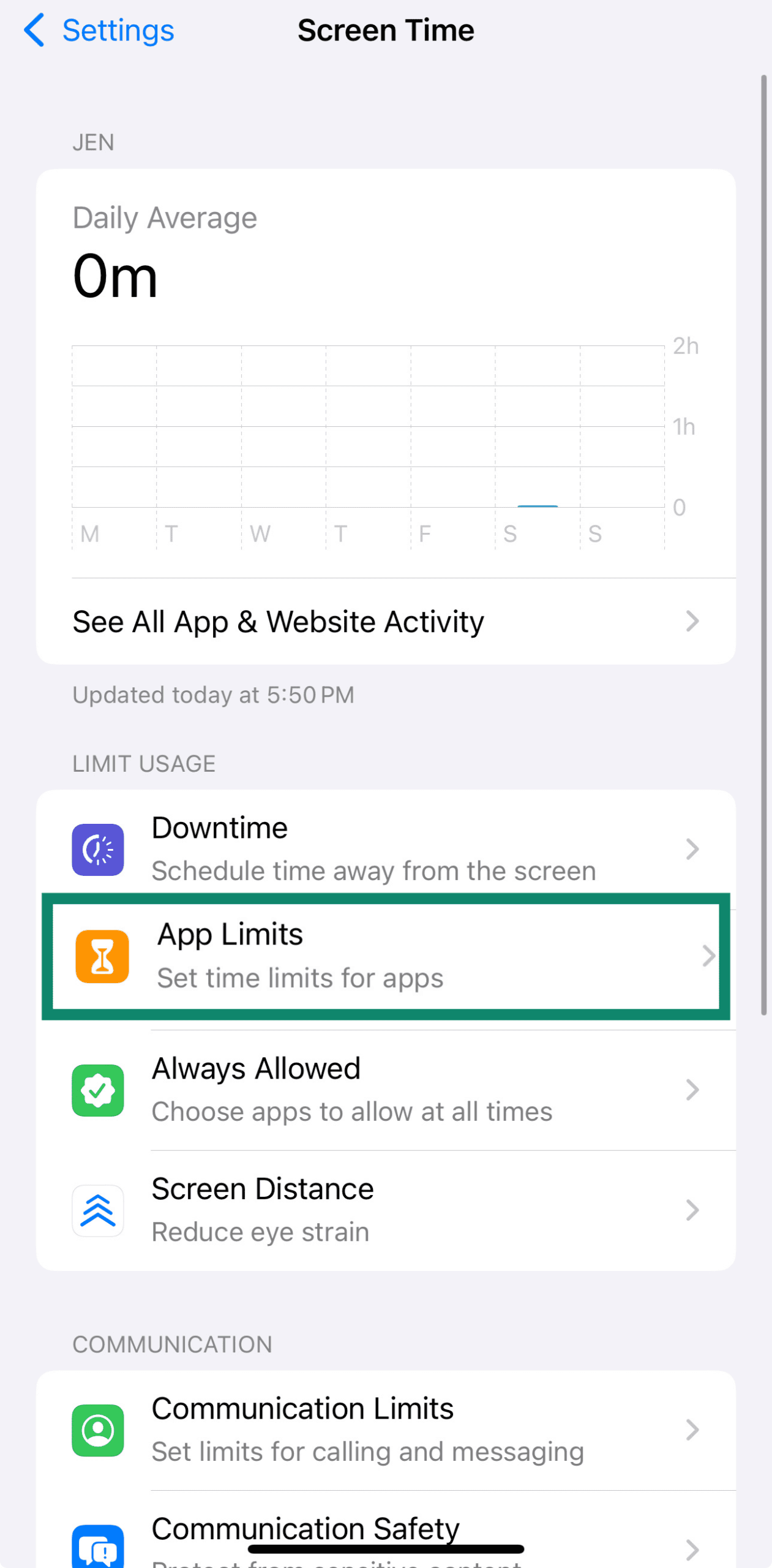 App Limits section with Add Limit option selected