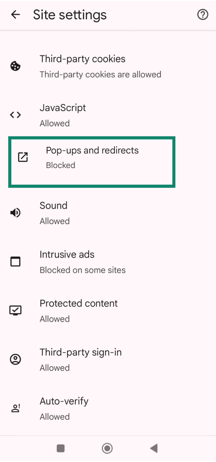 Chrome settings showing Pop-ups and redirects option.