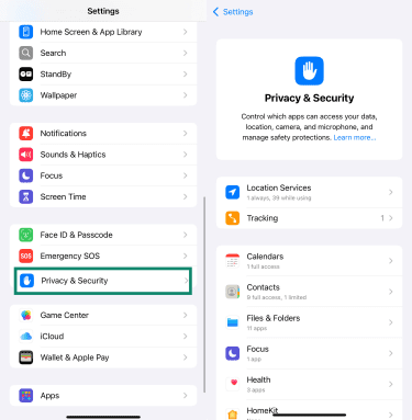 iPhone Settings showing Privacy & Security menu options.