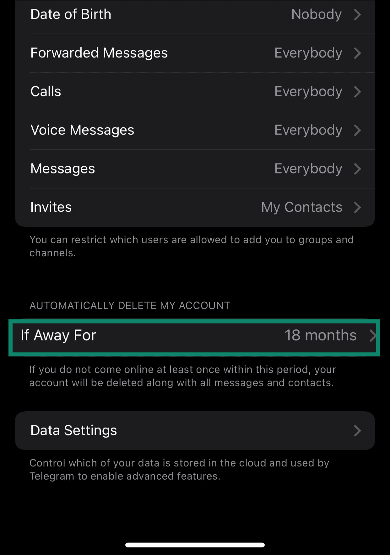 The Telegram "If Away For" button on iPhone.