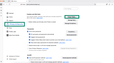 Firefox Privacy settings with Clear Data button highlighted