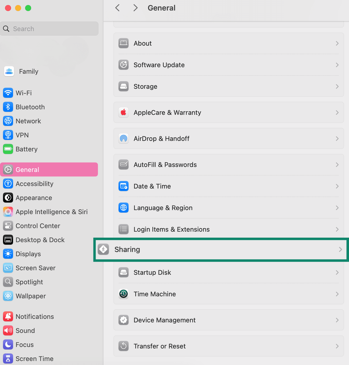 Mac system settings showing how to navigate to Sharing options under General to disable file sharing.