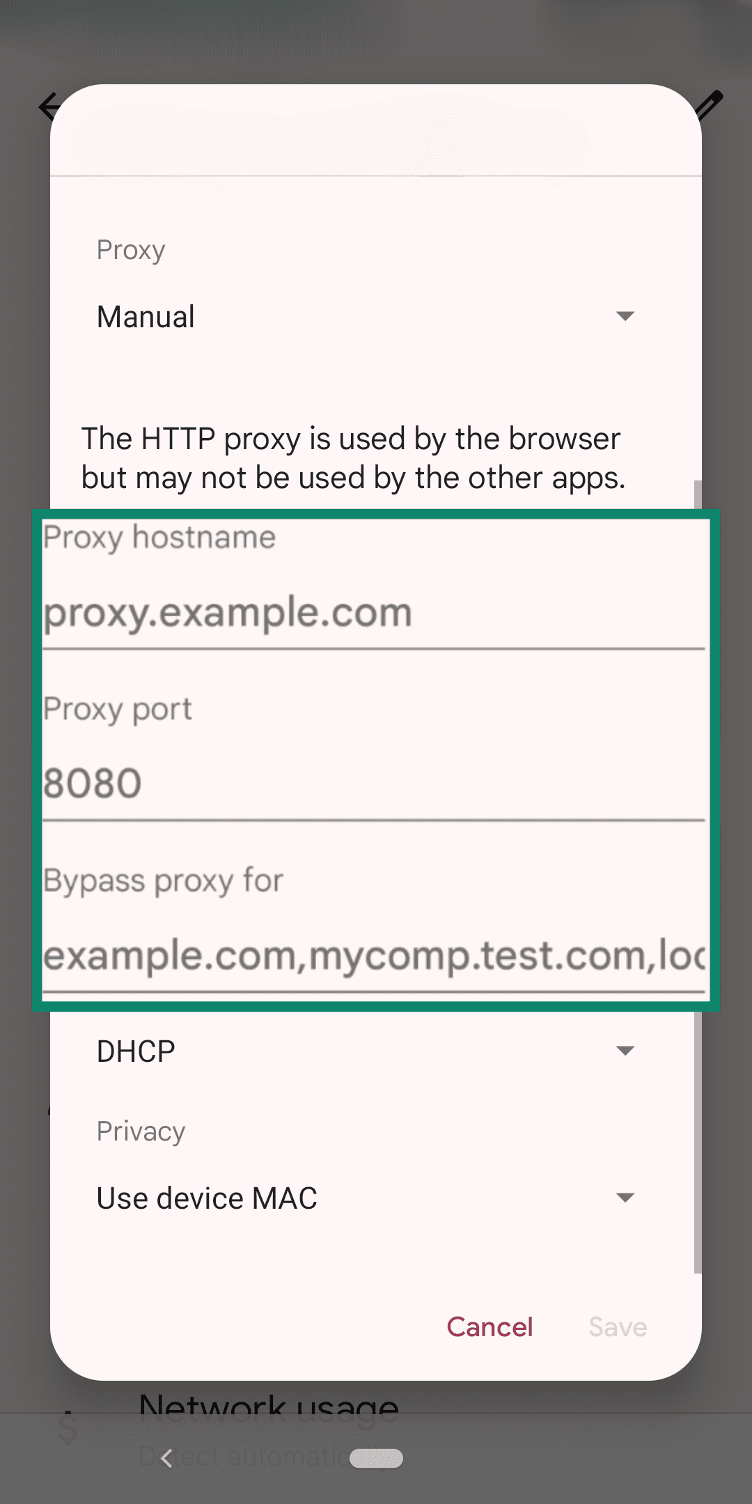 The Android proxy menu with a large outline of the proxy details box.