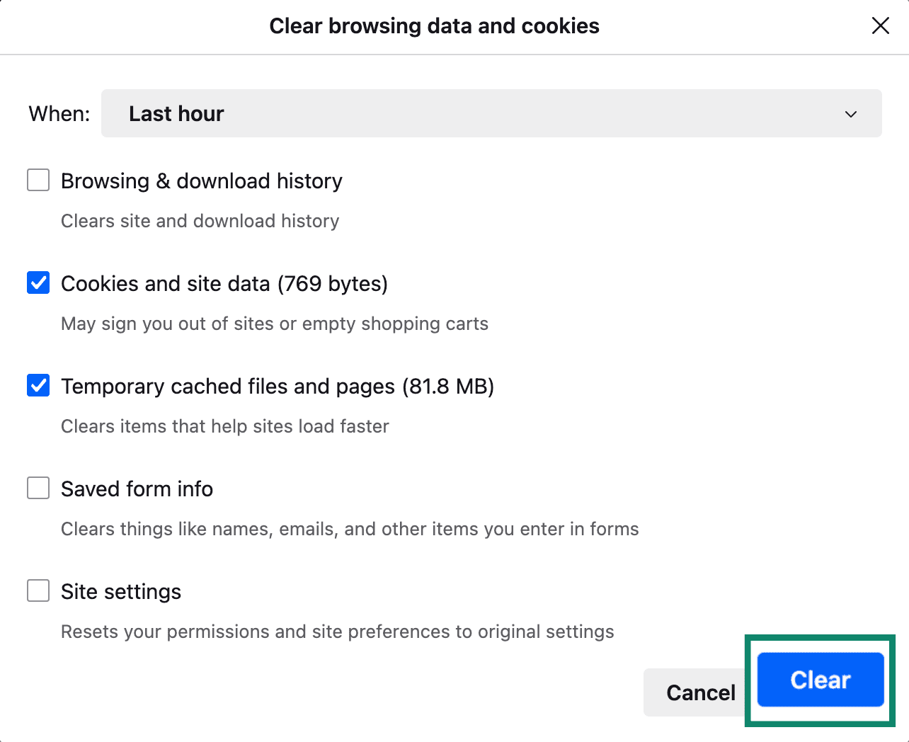 Firefox clear data window with Clear button highlighted