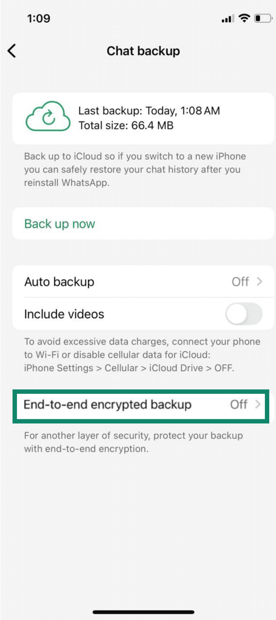 WhatsApp Chat backup screen indicating encrypted backups are disabled