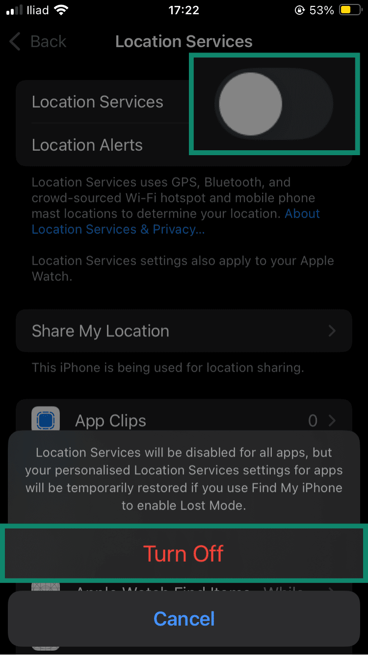 Privacy and Security settings screen with Location Services open and the "Turn Off" option highlighted.