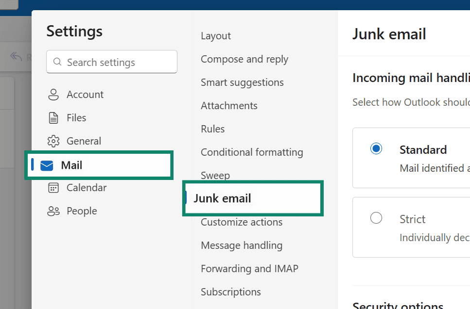 Outlook menu showing how to access Junk email settings.