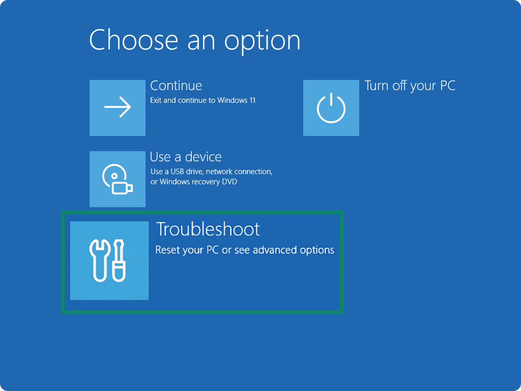 Screenshot showing the Recovery Menu on a Windows system after reboot, with Troubleshoot to be selected.