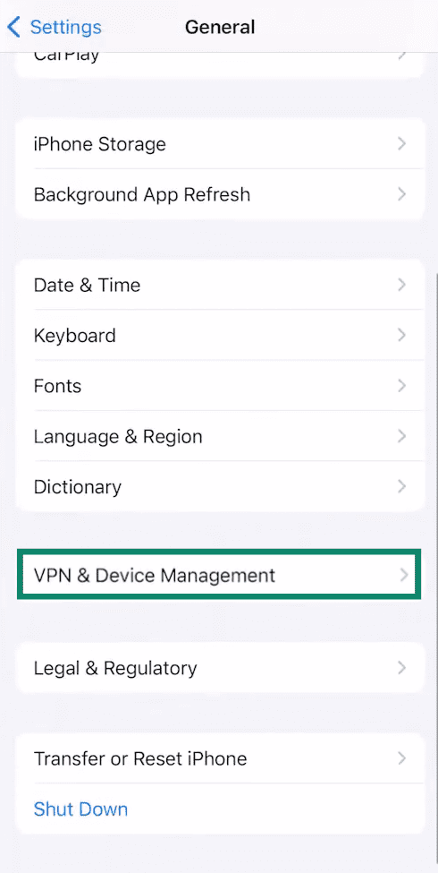 The General menu of the iPhone Settings app, showing the VPN & Device Management option. 