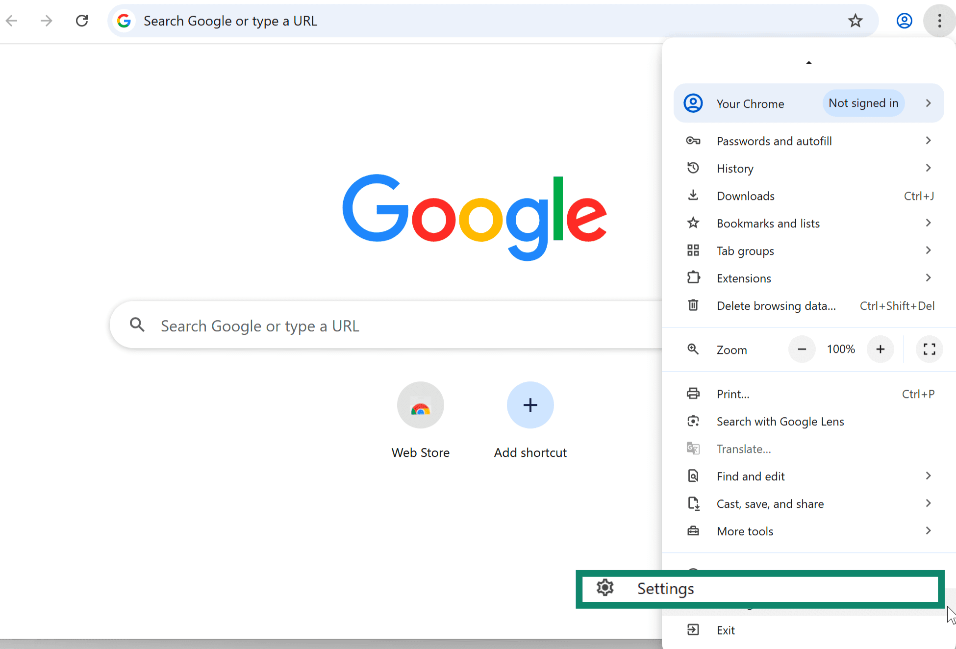 Chrome dropdown menu on Windows with Settings option highlighted.