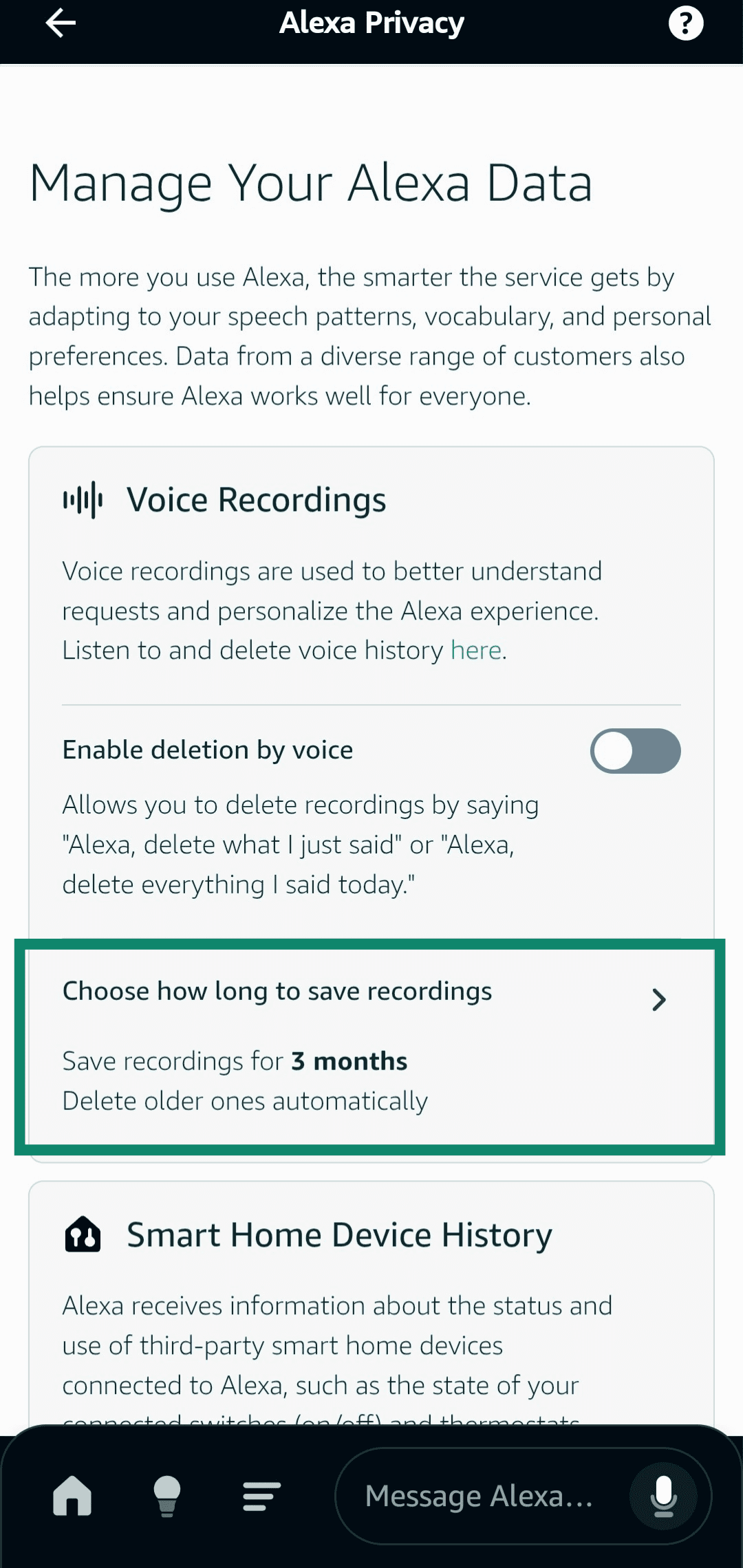 Opening the Choose how long to save recordings menu in the Amazon Alexa app.