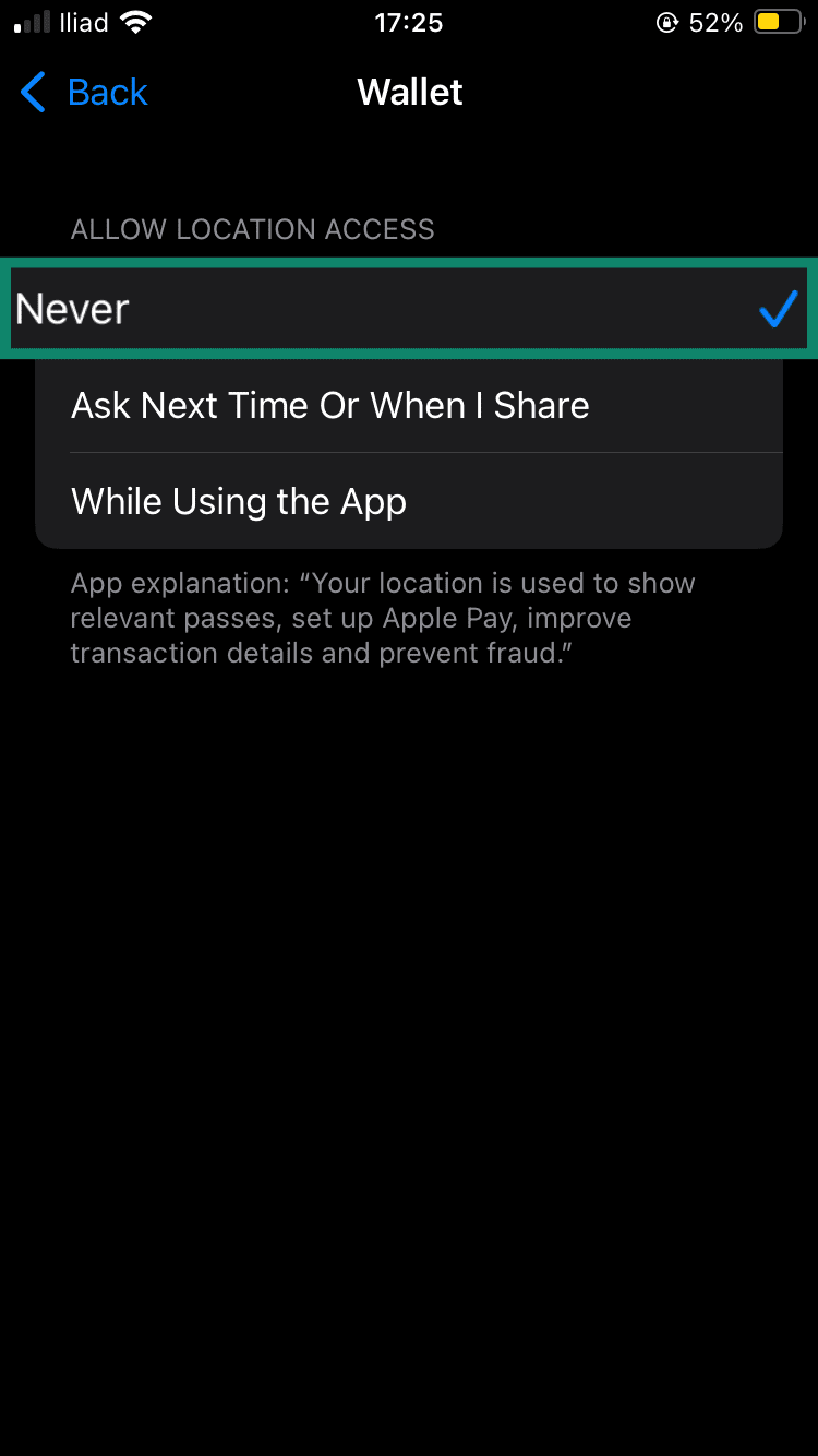 Wallet app Location Services screen with the "Never" option highlighted.
