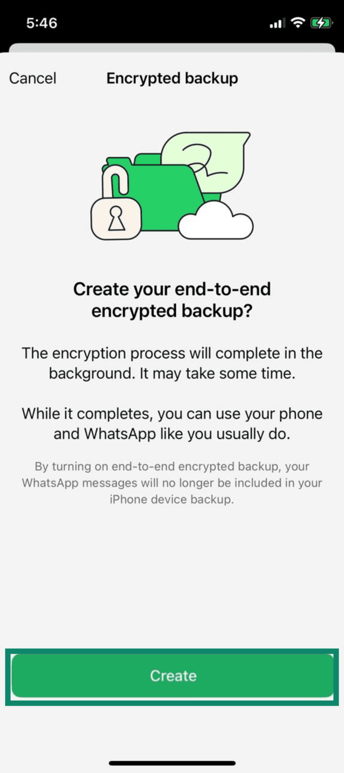 Confirmation screen asking to create end-to-end encrypted backup with Create button