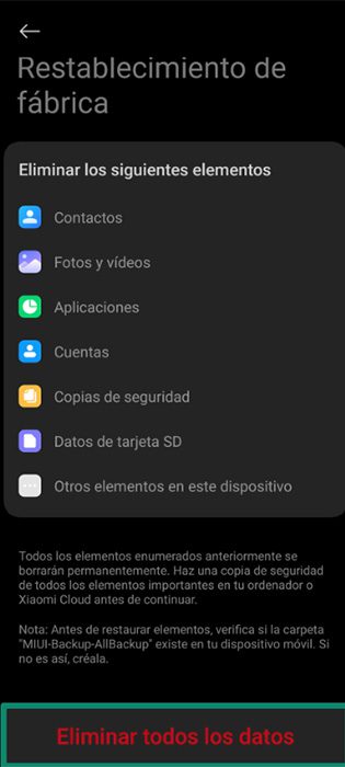 The Erase all data (factory reset) page of an Android phone, with the "Erase all data" button highlighted.