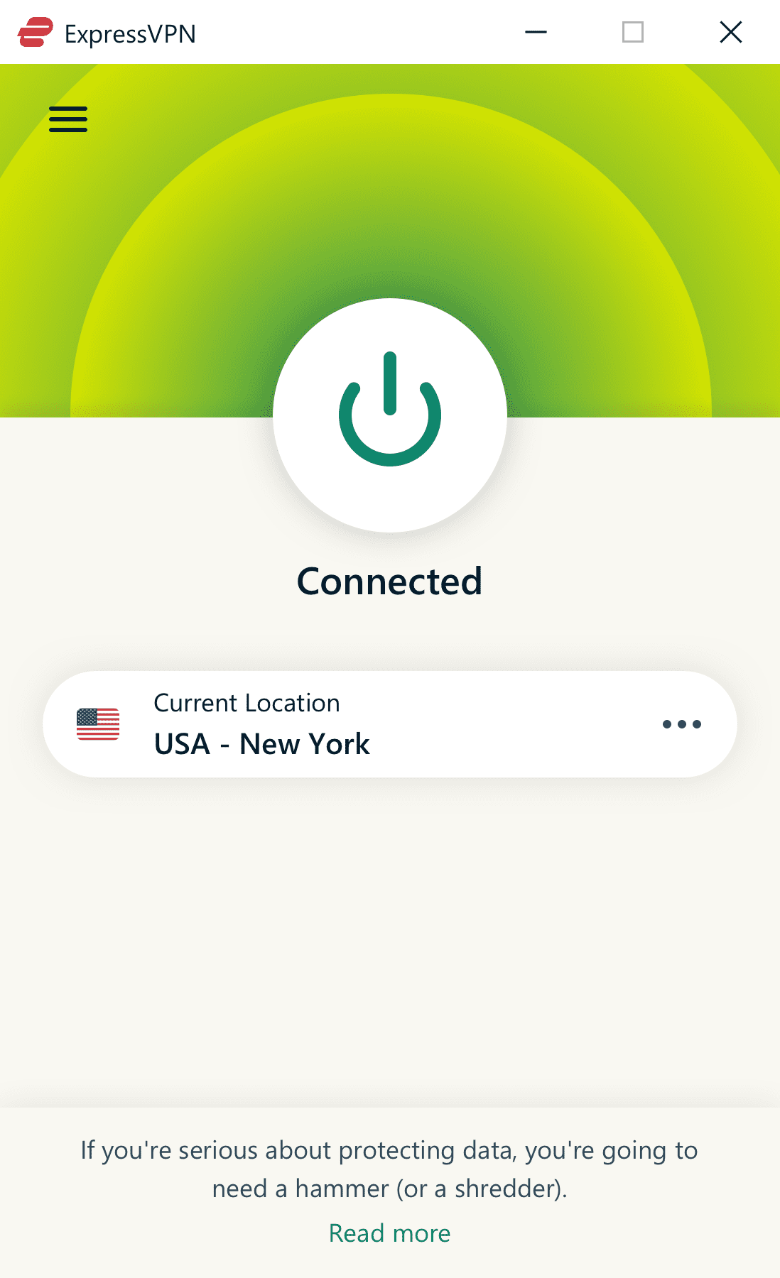 ExpressVPN app connected to a VPN server in the U.S.