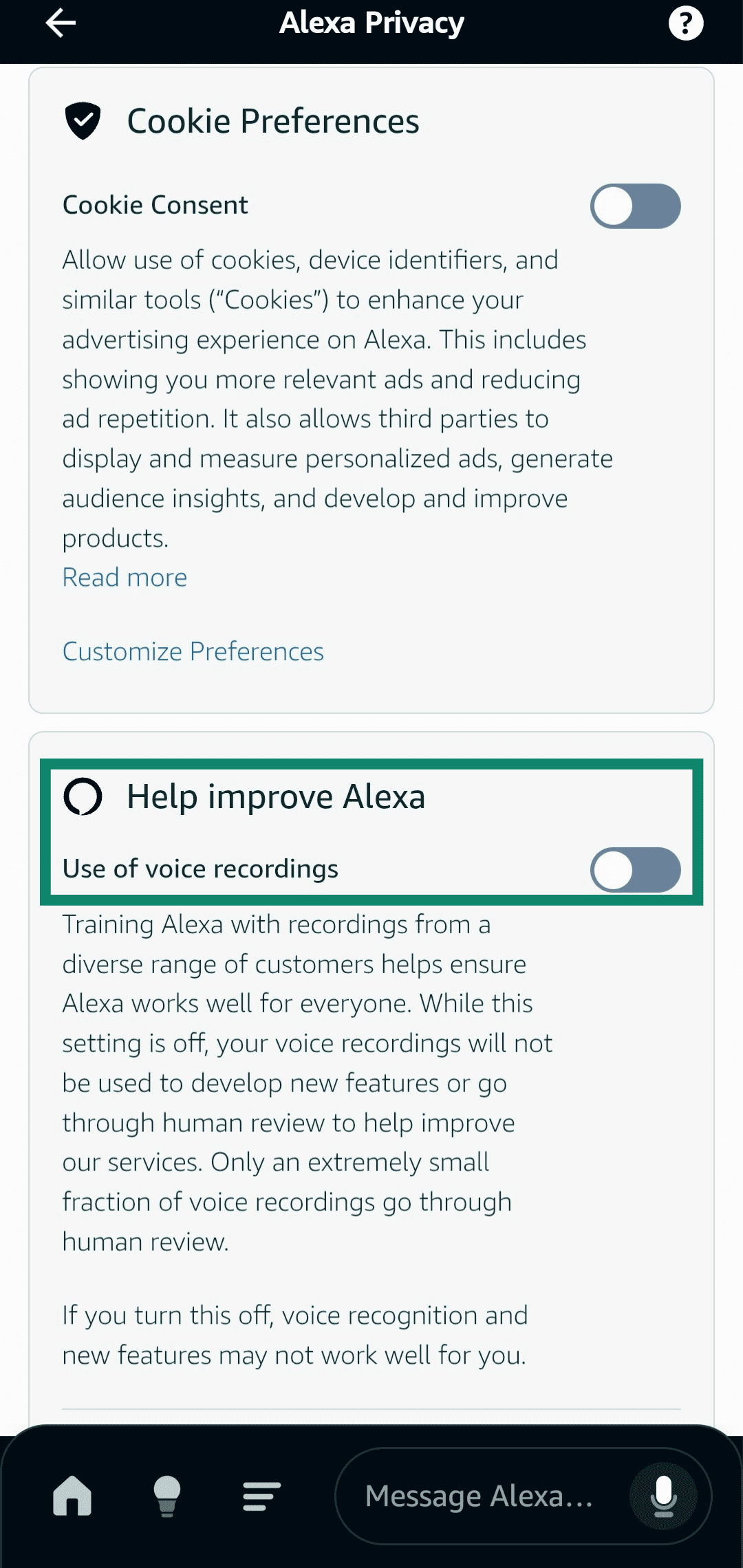 Toggling the Help improve Alexa option off in the Amazon Alexa app to stop sharing data with Amazon.