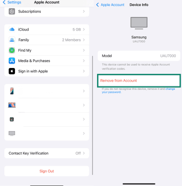 Apple Account settings showing option to remove device from account.