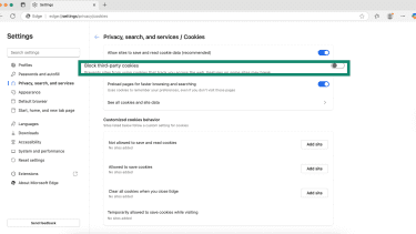Microsoft Edge cookies settings highlighting Block third-party cookies toggle.