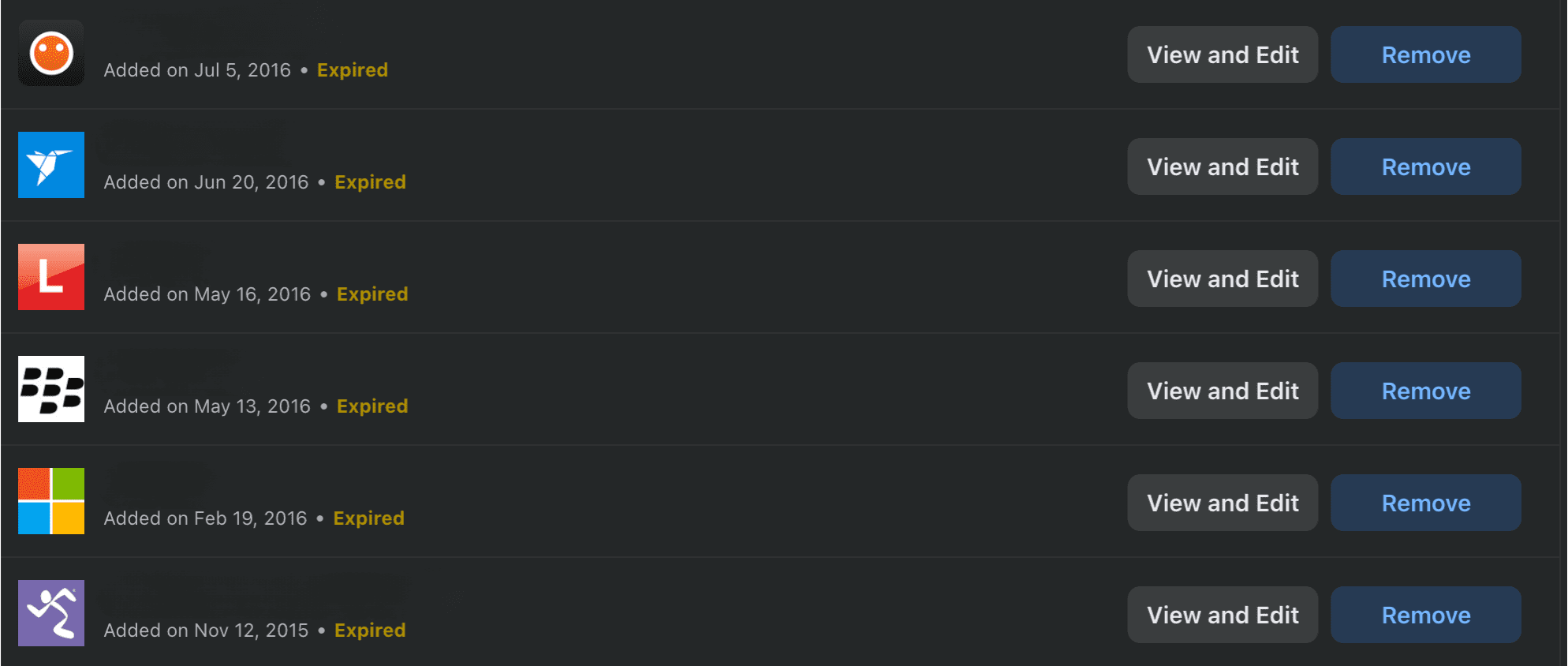 Facebook connected apps page showing the remove button.