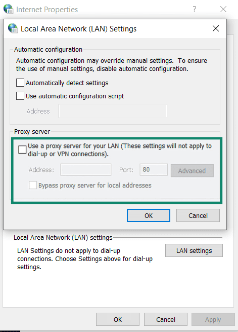 The Windows Internet Properties window is opened to LAN settings, with the proxy server field info highlighted.