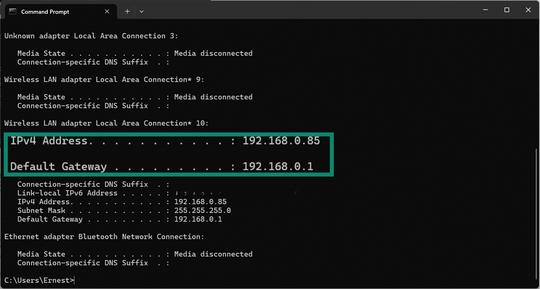Copy or write down your IPv4 and Default Gateway addresses.