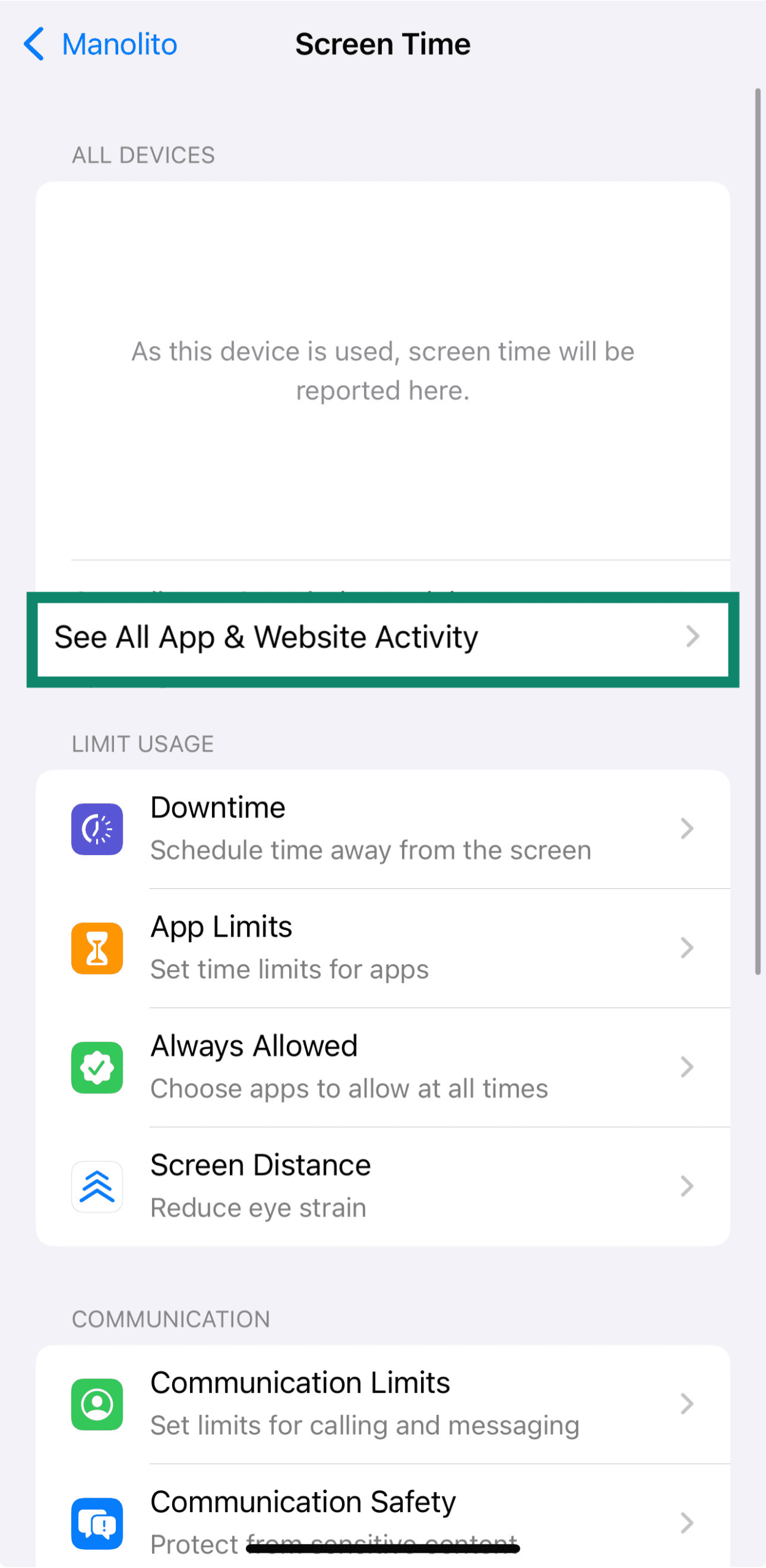 Screen Time menu with See All App & Website Activity option